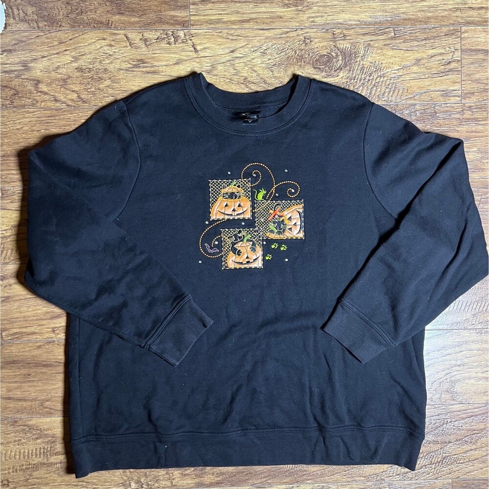 Holiday Editions VTG Black Halloween Sweatshirt W/Embroidered Silly Pumpkins 1X